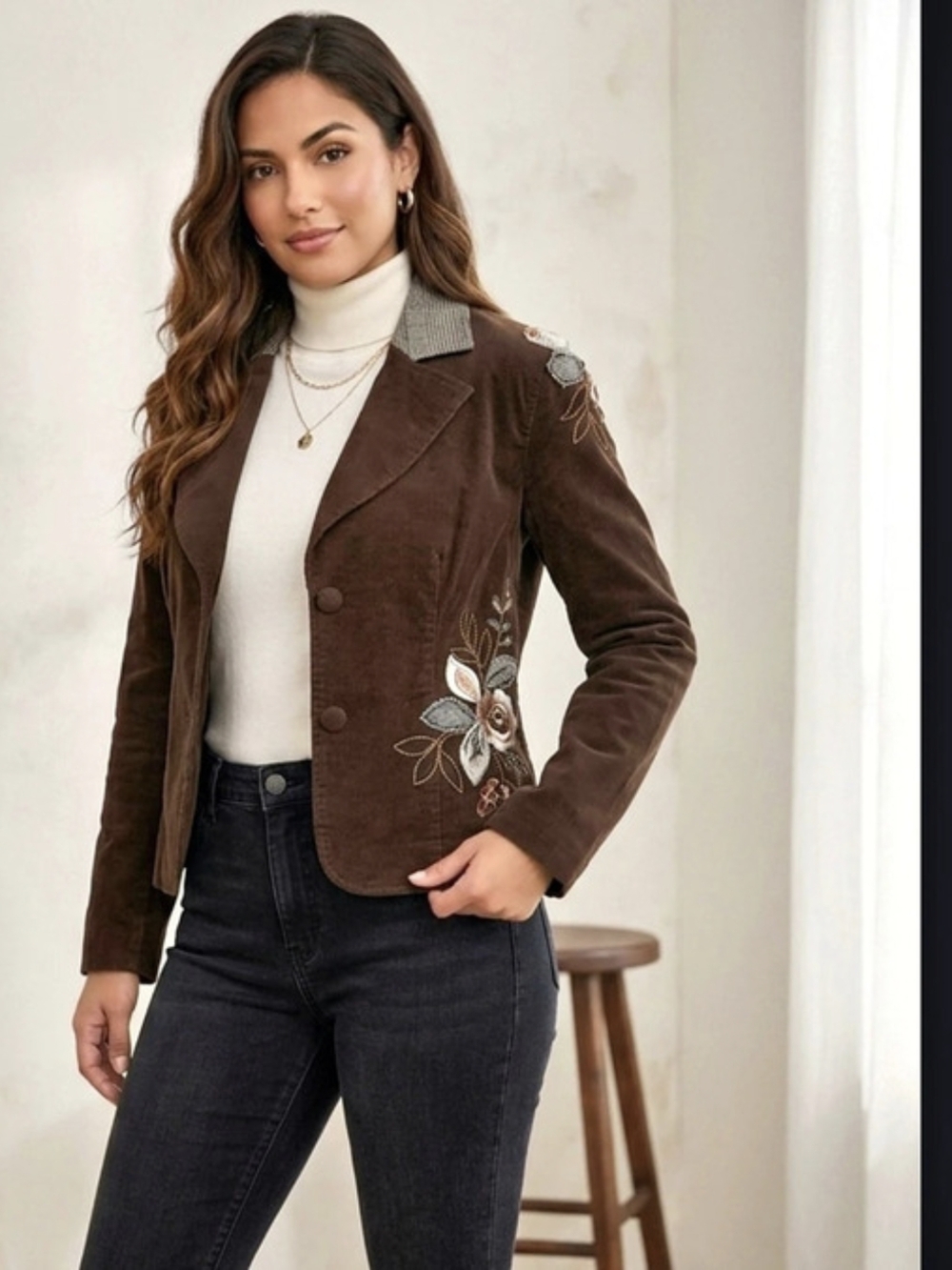 ZASHI Embroidered Corduroy Blazer in Brown Size Medium